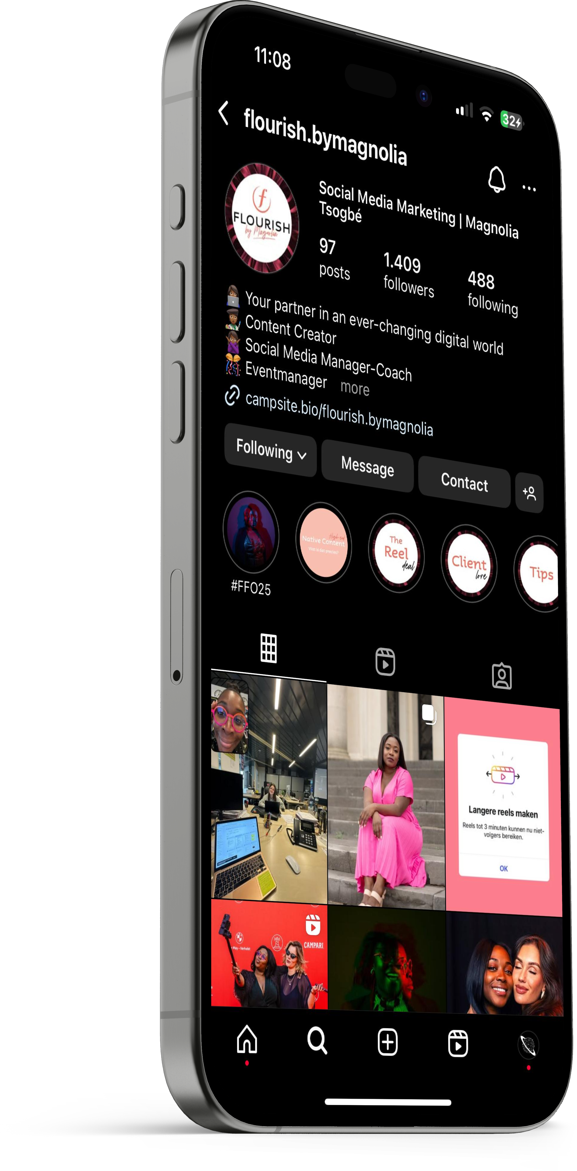 Social media marketing 1 Iphone met instagram pagina van Flourish by magnolia